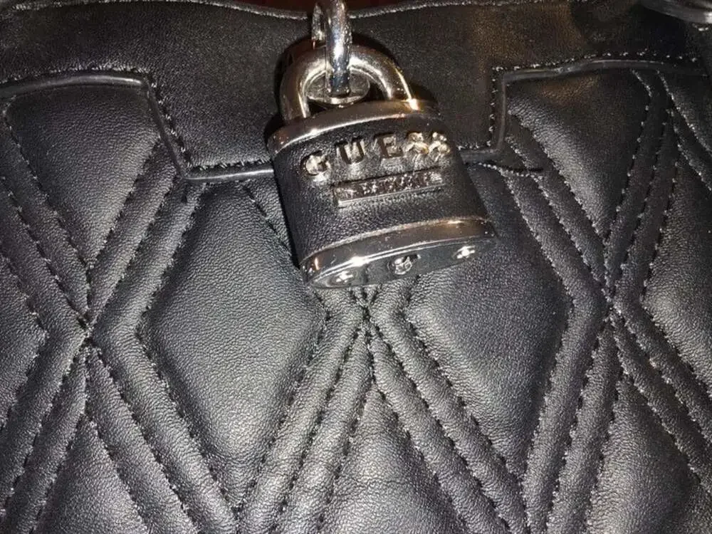 Guess Black Quilted Faux Leather Padlock Satchel Tote Bag Leopard Cheetah Lining